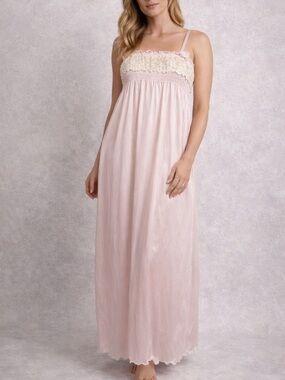 Stan Herman Pink Nylon Nightgown Lace Trim Maxi Slip Dress Vintage XS